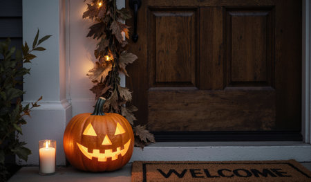 A cheerful jack-o'-lantern sits on a porch, glowing warmly with a friendly face. A candle flickers nearby, surrounded by autumn leaves and a welcoming mat, creating a cozy atmosphere.の写真素材