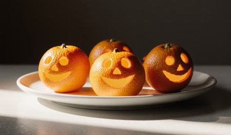 Four carved oranges sit on a white plate, illuminated by soft sunlight. Each orange has a cheerful...
