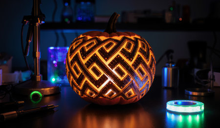 A beautifully carved pumpkin sits on a table, glowing warmly with intricate patterns. The workshop is dimly lit, showcasing colorful tools and materials, enhancing the artistic atmosphere.の写真素材