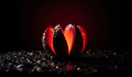 Bright red strawberry slices are arranged to resemble a flower, glowing softly against a dark background. Dewdrops add a fresh, vibrant touch to this artistic display that captivates the viewer.の写真素材
