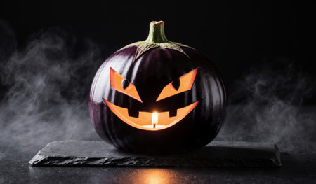 A unique Halloween pumpkin sits on a dark slate surface, carved with a mischievous face. Smoke gently rises, adding to the eerie atmosphere created by the flickering candle inside.の写真素材