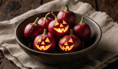 Miniature pumpkins, carved with cheerful jack-o'-lantern faces, glow warmly in a rustic bowl. They rest on a soft cloth, creating a festive atmosphere perfect for Halloween celebrations.の写真素材