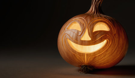 A unique lantern carved from an onion shines brightly in the dark. Its joyful smile adds a playful touch to the Halloween season, creating a fun and creative decoration for the festivities.の写真素材