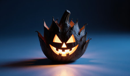 A carved pumpkin lantern glows with a cheerful face, illuminating its surrounding. Set against a dark background, it adds a festive touch to Halloween night, evoking joy and celebration.の写真素材