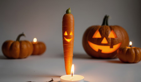 A cheerful carrot carved with a smiling face stands next to glowing jack-o'-lanterns. The warm candlelight illuminates this playful Halloween arrangement, bringing festive joy to the table.の写真素材