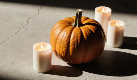 A vibrant orange pumpkin sits on a gray surface surrounded by flickering white candles. Soft light filters through, casting warm shadows, evoking a sense of cozy autumn vibes.の写真素材