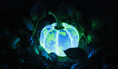 A vibrant pumpkin emits an enchanting glow in the darkness, surrounded by lush green leaves. The magical scene captures the essence of autumn and festive spirit, alluring and intriguing onlookers.の写真素材