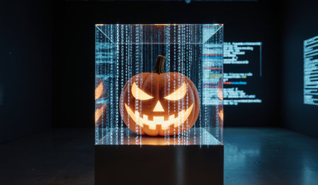 A carved pumpkin with a mischievous grin shines brightly inside a glass case. Surrounding it, glowing code lines create a fusion of nature and technology in an artistic setting.の写真素材