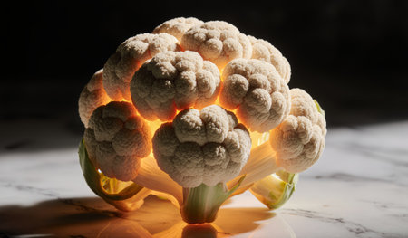 A fresh cauliflower sits on a marble countertop, illuminated from within, creating a striking contrast. The soft glow highlights its intricate texture.の写真素材