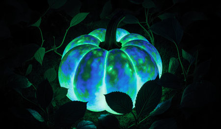In a quiet garden, a brightly glowing pumpkin radiates shades of blue and green, surrounded by soft...