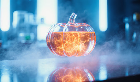 In a dimly lit lab, a pumpkin-shaped vessel glows with vibrant orange liquid and crackling energy. Steam rises around it, creating a magical, eerie atmosphere perfect for Halloween.の写真素材