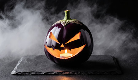 A spooky purple pumpkin carved with a menacing grin sits on a dark slate surface. A flickering candle inside casts an eerie glow, surrounded by mysterious wisps of smoke, perfect for Halloween.の写真素材