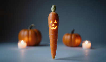 A carved carrot stands proudly in the center, glowing with a playful jack-o'-lantern face. Two pumpkins rest nearby, illuminated by soft candlelight, creating a festive atmosphere.の写真素材
