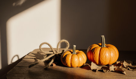 As sunlight streams in, two vibrant pumpkins rest on a rustic wooden table. Twine forms a delicate bow beside them, enhancing the cozy autumn atmosphere filled with fallen leaves.の写真素材