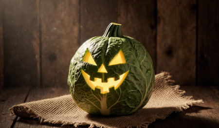 A creative green pumpkin glows brightly with a carved face, casting shadows on a wooden surface. This quirky decoration adds a fun touch to a cozy autumn atmosphere.の写真素材