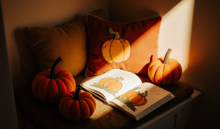 Nestled in a warm corner, a vibrant book opens to reveal beautiful pumpkin illustrations. Plush pillows and cheerful pumpkins enhance the cozy autumn atmosphere in the soft sunlight.の写真素材