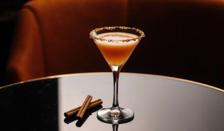 A beautifully crafted cocktail rests on a sleek black table. Garnished with spice, it exudes...