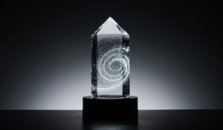 A stunning crystal sculpture stands elegantly on a black base. The piece features intricate swirling...