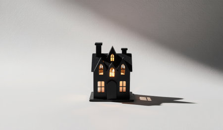 A delicate black house figurine glows softly from within, creating a cozy ambiance. Its windows shine bright, while shadows dance on the smooth surface beneath it, capturing a sense of warmth.の写真素材