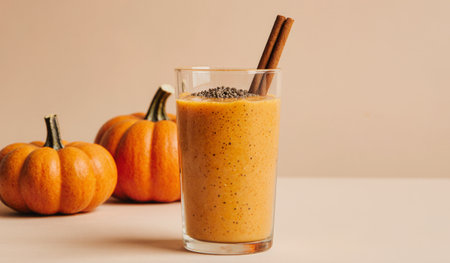 A creamy pumpkin smoothie sits in a glass, topped with chia seeds and cinnamon sticks. Nearby, small pumpkins add a warm, autumnal touch to the cozy scene.の写真素材
