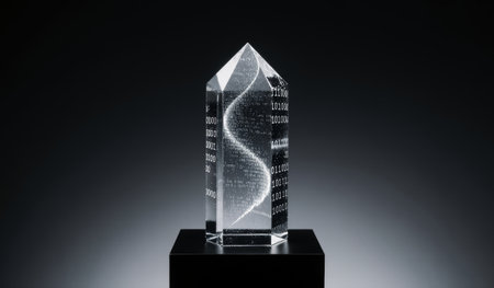 A beautifully crafted crystal sculpture stands elegantly on a dark pedestal. Its polished surface...