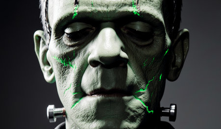 A creature with pale green skin and bolts on its neck stands solemnly. Muted light casts shadows, highlighting its cracked skin and intense gaze, capturing a moment of eerie stillness in darkness.の写真素材