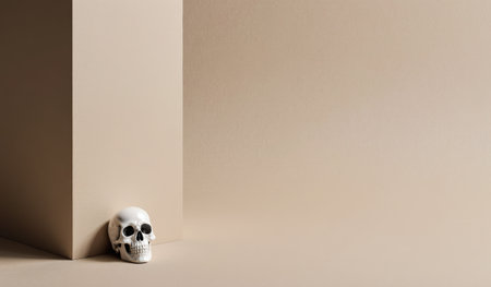A small white skull lies on the floor next to a plain beige wall, creating an intriguing contrast. The minimalist scene focuses on shape and shadow, evoking curiosity and contemplation.の写真素材