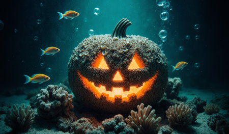 A vibrant underwater scene features a glowing jack-o'-lantern made of coral, surrounded by colorful fish. Bubbles rise as this spooky yet enchanting Halloween display unfolds beneath the waves.の写真素材