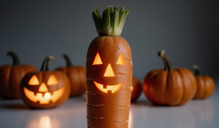 A carved carrot stands proudly with a smiling face, showcasing its unique design during a Halloween celebration. Nearby, glowing pumpkins add charm to the festive atmosphere, making it a fun sight.の写真素材