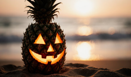 A glowing pineapple carved into a jack-o'-lantern sits on soft sand as the sun sets over the ocean. Waves lap gently in the background, creating a festive and tropical atmosphere.の写真素材