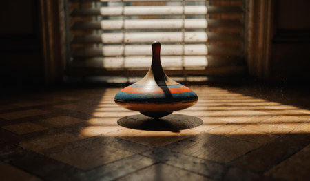 A beautifully crafted spinning top twirls gracefully on a wooden floor, illuminated by the warm...