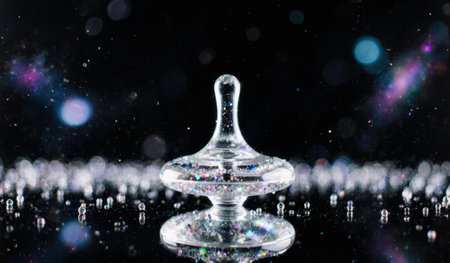 A clear spinning top, adorned with glitter, twirls effortlessly against a dark cosmos. Sparkling...