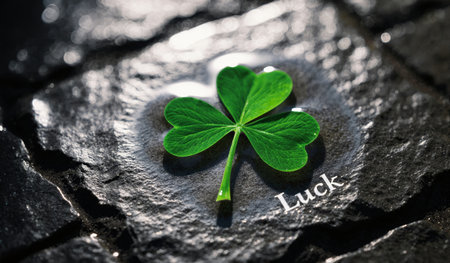 A vibrant green clover leaf lies atop dark, glistening stones. A single word, Luck, is inscribed...