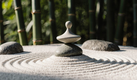 A tranquil Japanese Zen garden featuring carefully arranged stones and rippling sand. A small stone balances perfectly on a larger one, symbolizing harmony and mindfulness.の写真素材