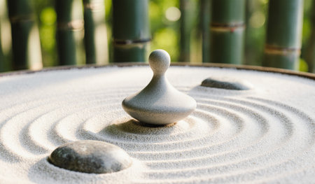A spinning top stands gracefully at the center of rippling sand, surrounded by smooth stones, in a...
