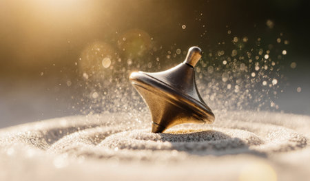 A metal spinning top twirls gracefully atop fine sand, creating swirling patterns. The sunlight...