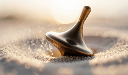 A gleaming spinning top stands in golden sands, catching the warm light of the setting sun. The...