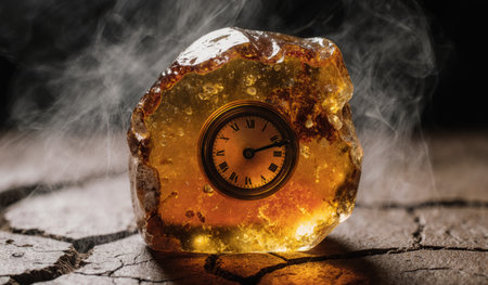 A glowing piece of amber holds a vintage clock, radiating warmth. Surrounding it is a cracked, dry...