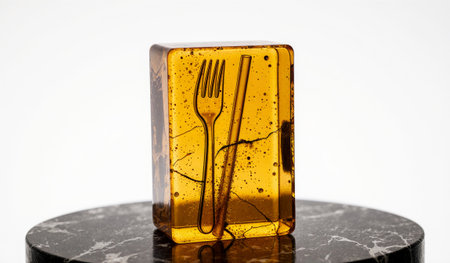This charming amber block showcases a fork and spoon design, perfect for kitchen decor,...