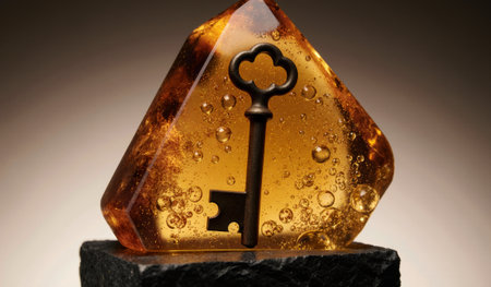 An amber-colored sculpture showcases a vintage key encased in smooth, transparent resin. Elegantly...