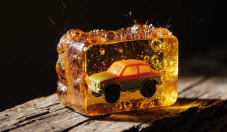 A bright green and orange toy car is encased in a clear resin block, surrounded by glimmering bubbles. The light reflects beautifully, showcasing the unique design on a rustic wooden surface.の写真素材