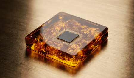 This stunning microchip rests on a smooth surface, surrounded by a mesmerizing, glowing swirl of...