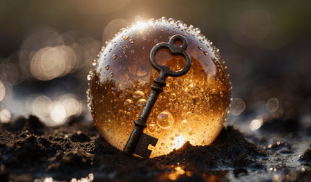 A vintage key rests inside a translucent amber sphere filled with tiny bubbles, glistening in the soft sunlight. The rich colors create an enchanting scene in a natural setting.の写真素材