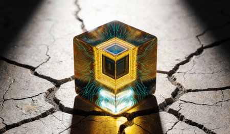 A radiant cube sits atop fractured soil, glowing with intricate patterns. The light reflects off its...