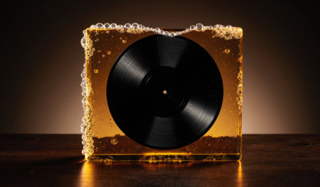 A classic black vinyl record is preserved inside a transparent golden block filled with bubbles. The...
