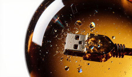 This captivating scene showcases a USB cable submerged in shimmering amber resin. Bubbles and...