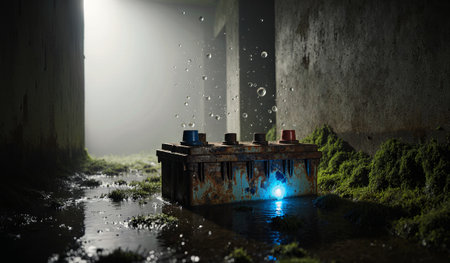 In a dimly lit area, a rusty battery box sits in shallow water, with moss growing around it. Bubbles...