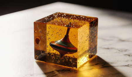 A colorful spinning top rests inside a clear, amber resin cube on a smooth marble surface. Sunlight...