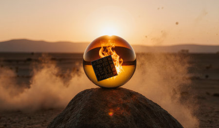 A glowing sphere topped with flames rests on a rock as the sun sets in a barren desert. Dust swirls in the warm air, creating an otherworldly atmosphere filled with curiosity and wonder.の写真素材