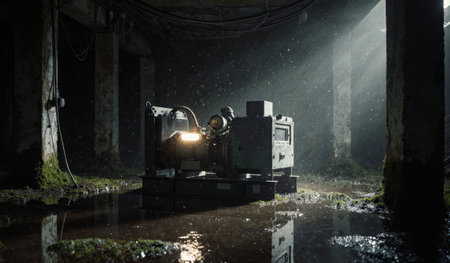 In a neglected factory, a strange machine sits in a puddle, illuminated by beams of light. Dust and...